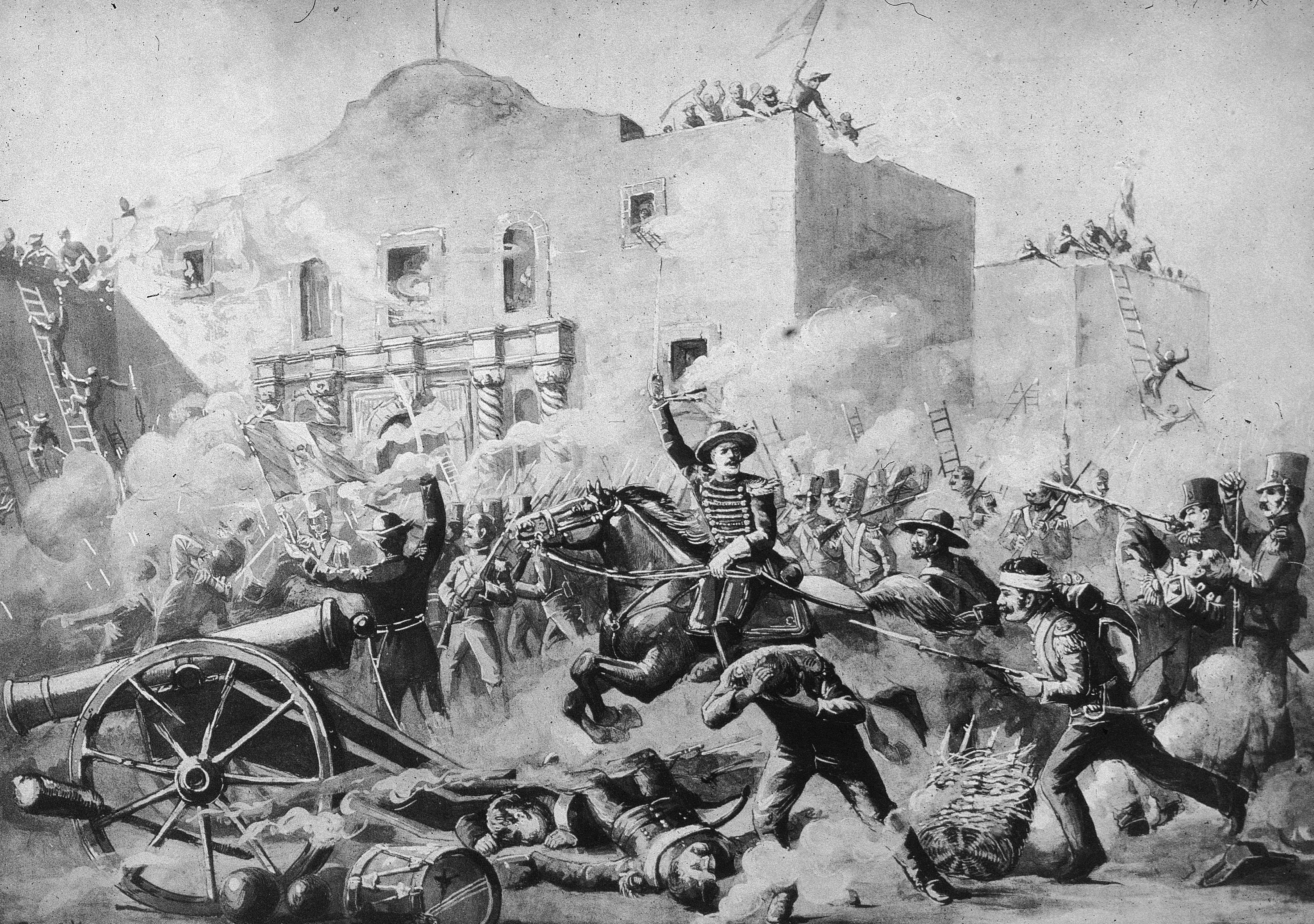 An illustration of the Battle of the Alamo in San Antonio, Texas, on March 6, 1836.