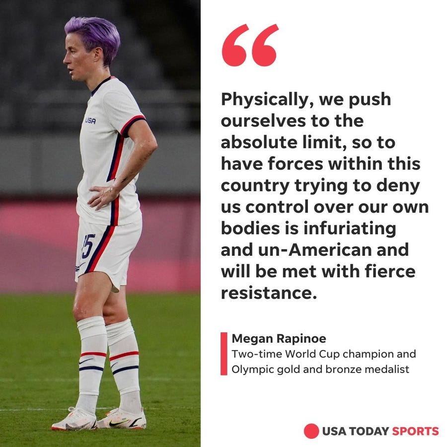United States forward Megan Rapinoe reacts while playing at the 2020 Summer Olympics in Tokyo Stadium in July 2021.