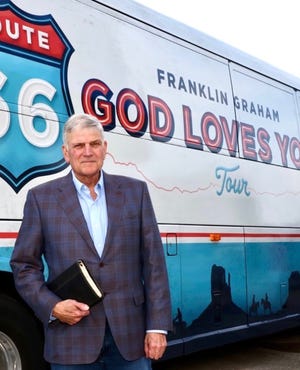 As part of the "Route 66 God Loves You Tour,” evangelist Franklin Graham will speak on Oct. 2, 2021, at the National Orange Show Event Center in San Bernardino.