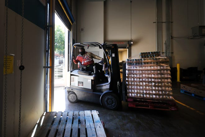 Workers load pallets at the Mid-South Food Bank on Thursday, Sept. 23, 2021 where, because of discontinued TEMA and USDA Farmers to Families provisions, they have seen a drop of more than a third of their overall food supply. 
