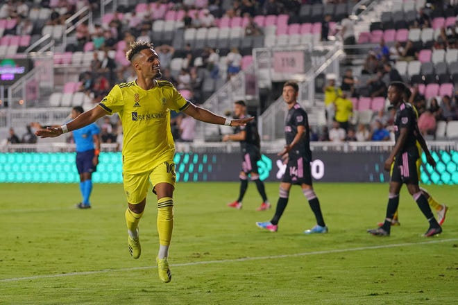 09/22/2021; Fort Lauderdale, Florida, USA; Nashville SC midfielder Hany Mukhtar (10) celebrates his Inter Miami CF goal in the first half at DRV PNK Stadium.