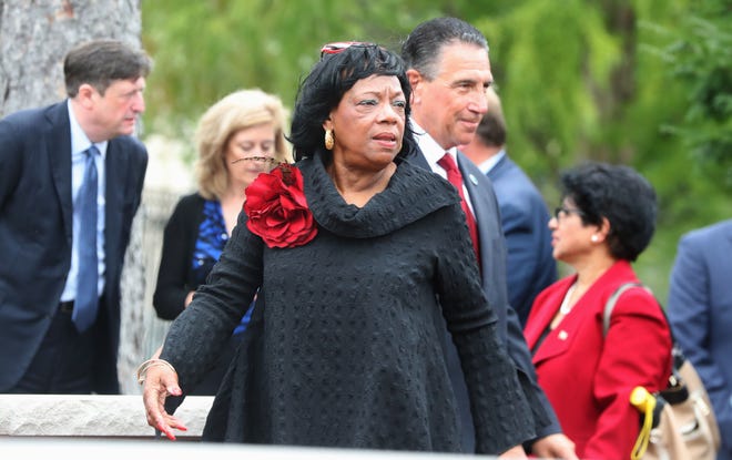 Rockland County Commissioner of Human Rights Constance Frazier speaks during a ceremony to unveil the Rockland County Thurgood Marshall Human Rights Monument near the county courthouse in New City Sept. 23, 2021.