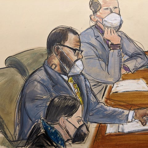 In this courtroom sketch, R. Kelly, center, sits w