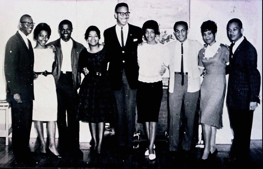 This photo shows the nine Tougaloo College students who held the first "read-in" in Mississippi when they attempted to desegregate the all-white Jackson Public Library. Their action and subsequent arrests drew the attention of the Mississippi Sovereignty Commission, the now-defunct segregationist spy agency, which kept tabs on the students, faculty and   administrators. The Tougaloo Nine are, from left, Joseph Jackson, Geraldine Edwards, James Cleo Bradford, Evelyn Pierce, Albert Lassiter, Ethel Sawyer, Meredith C. Anding Jr., Janice L. Jackson and Alfred Lee Cook.  