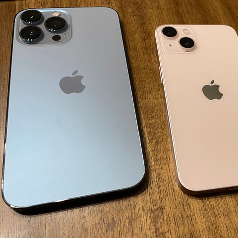 From left: the iPhone 13 Pro Max in sierra blue, t