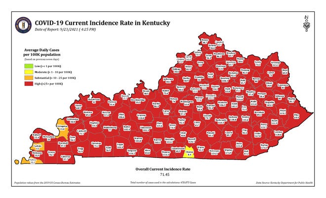 Map of COVID-19 incidence rates in the state of Kentucky, broken down by county.