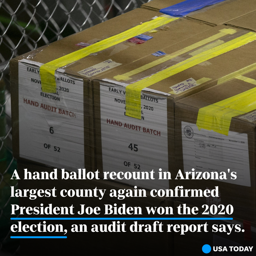 Boxes of Maricopa County ballots from the 2020 general election that have already been examined and recounted by contractors hired by the Arizona Senate in an audit are seen in Phoenix on May 24, 2021.