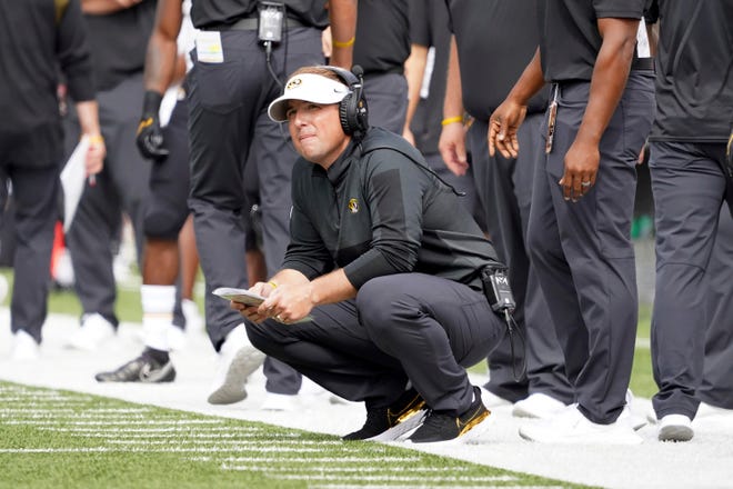 Missouri head coach Eli Drinkwitz looks on from the sideline during the first half against Boston College earlier this season in Boston.