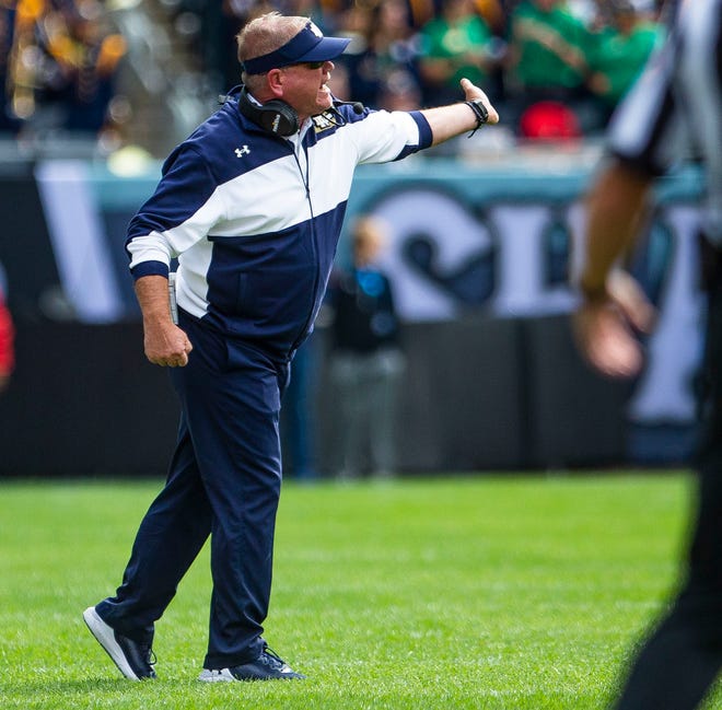 Notre Dame head coach Brian Kelly gets vocal during historic win No. 106 at ND, a 41-13 takedown of Wisconsin, Saturday, Sept. 25, 2021 at Soldier Field in Chicago.