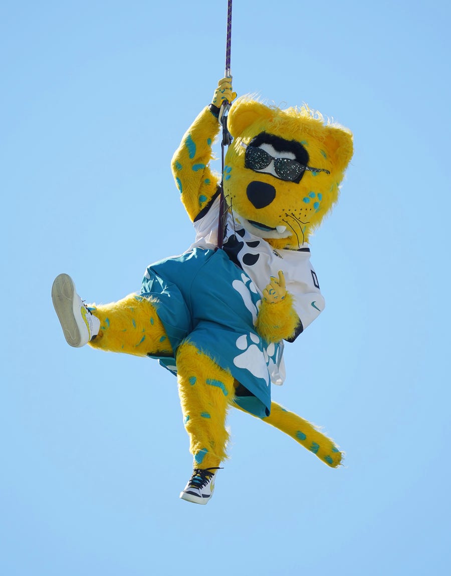 Jacksonville Jaguars mascot Jackson DeVille practices a stunt prior to the game between the Jacksonville Jaguars and the Arizona Cardinals at TIAA Bank Field.