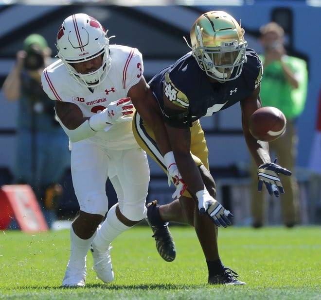 Notre Dame cornerback Cam Hart made two interceptions in Saturday's win over Wisconsin.