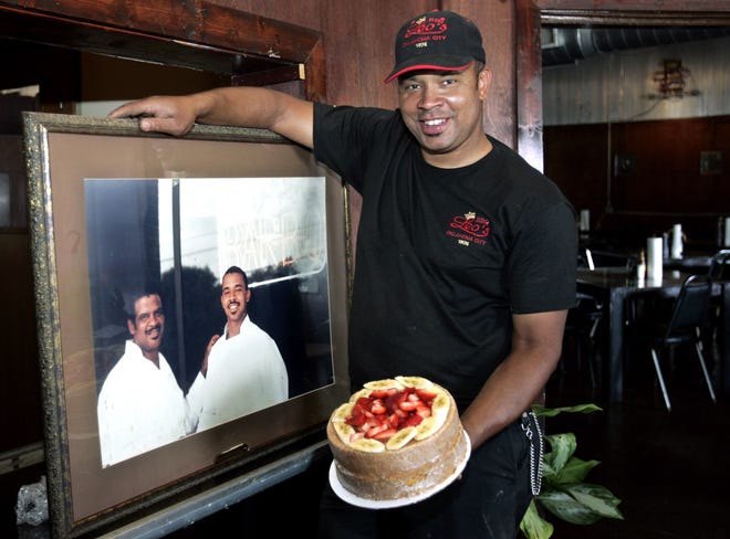 The signature strawberry-banana cake from Leo's Barbecue is now available at Homeland on NE 36th and Lincoln Blvd.