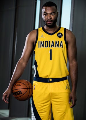 Indiana Pacers forward T.J. Warren (1) posed for a portrait Monday, Sept. 27, 2021, during the team's Media Day at the Ascension St. Vincent Center.