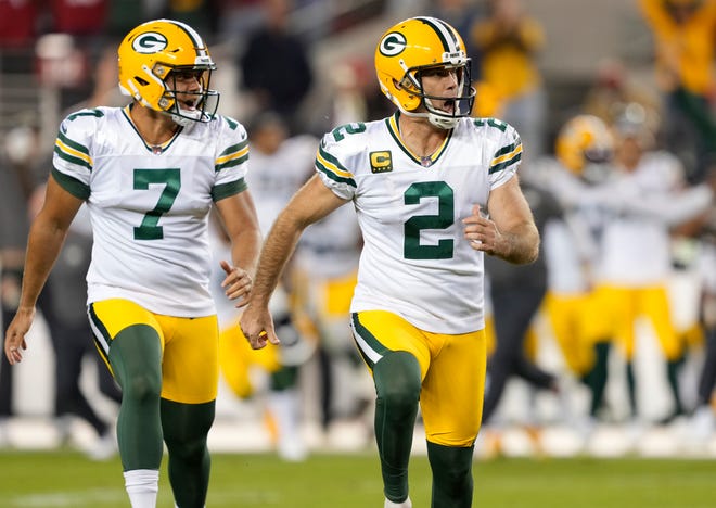 Mason Crosby (2) of the Green Bay Packers celebrates after kicking the game-winning field goal against the San Francisco 49ers in the game at Levi's Stadium on September 26, 2021 in Santa Clara, California.