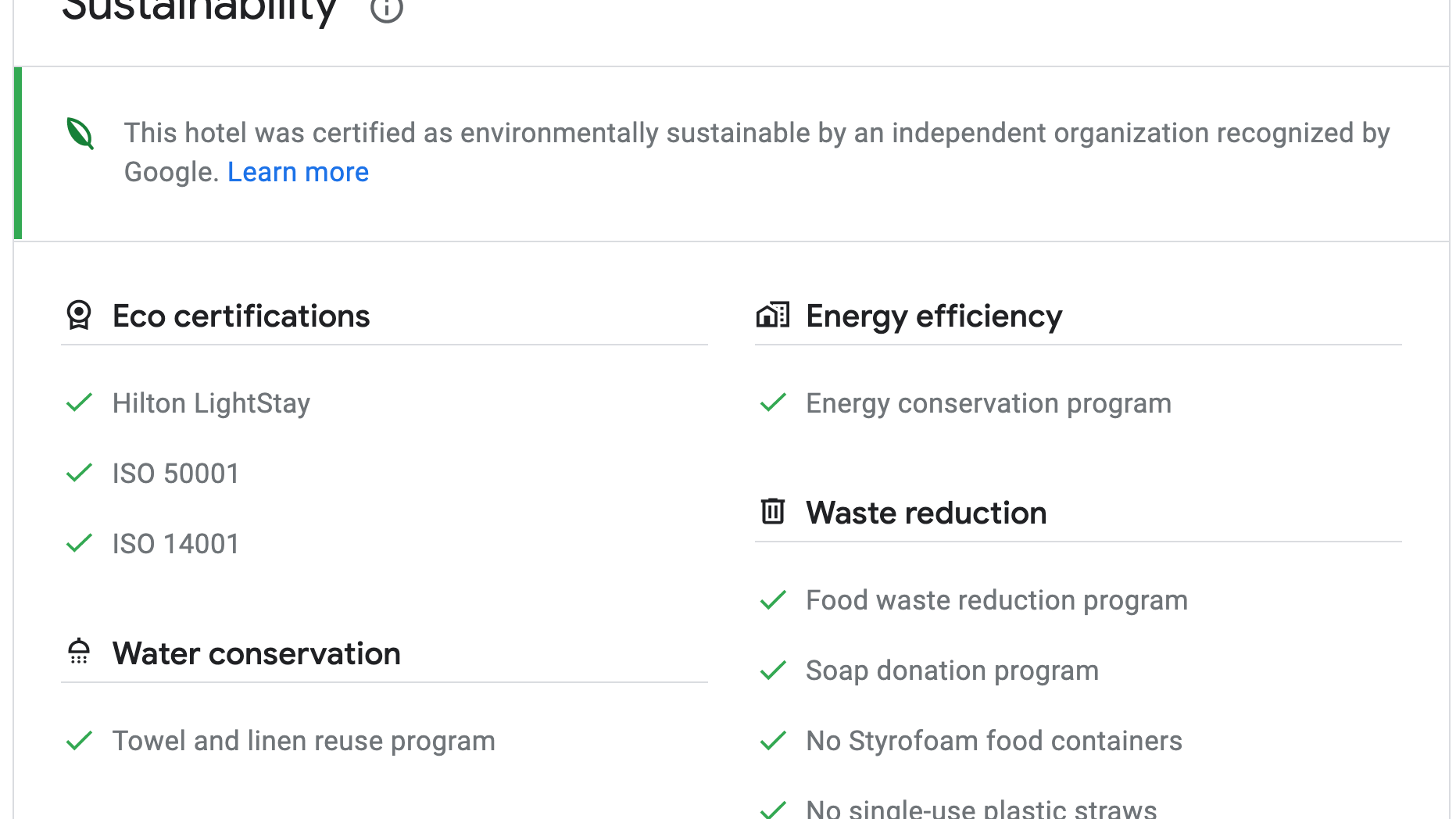 Hotels on Google now have a "Sustainability" section that describes their practices.
