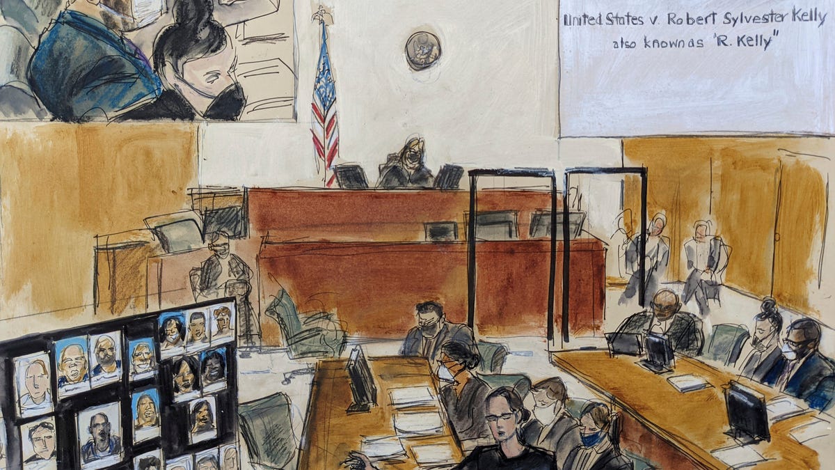 In this illustration drawn from a video feed, Assistant U.S. Attorney Elizabeth Geddes, bottom, presents her closing statement to the jury, pointing to a large panel of photos of R. Kelly's inner circle and employees on Sept. 22 in New York. R. Kelly is depicted at the defense table in inset on upper left.