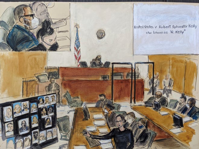 In this illustration drawn from a video feed, Assistant U.S. Attorney Elizabeth Geddes, bottom, presents her closing statement to the jury, pointing to a large panel of photos of R. Kelly's inner circle and employees on Sept. 22 in New York. R. Kelly is depicted at the defense table in inset on upper left.