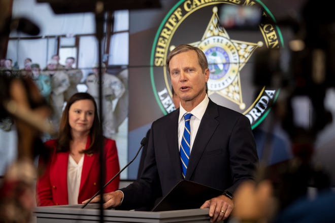 Former U.S. Attorney for the Northern District of Florida Larry Keefe speaks at a border security press conference at the Lee County Sheriff's Office in Fort Myers on Tuesday, September 28, 2021.