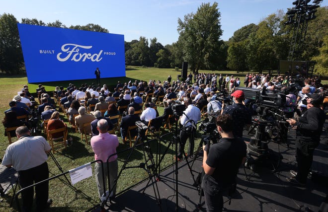 People gather Tuesday at Shelby Farms as Ford Motor Company celebrates their announced $5.6 billion investment to create an industrial campus about 50 miles northeast of Memphis to produce electric trucks and electric vehicle batteries.