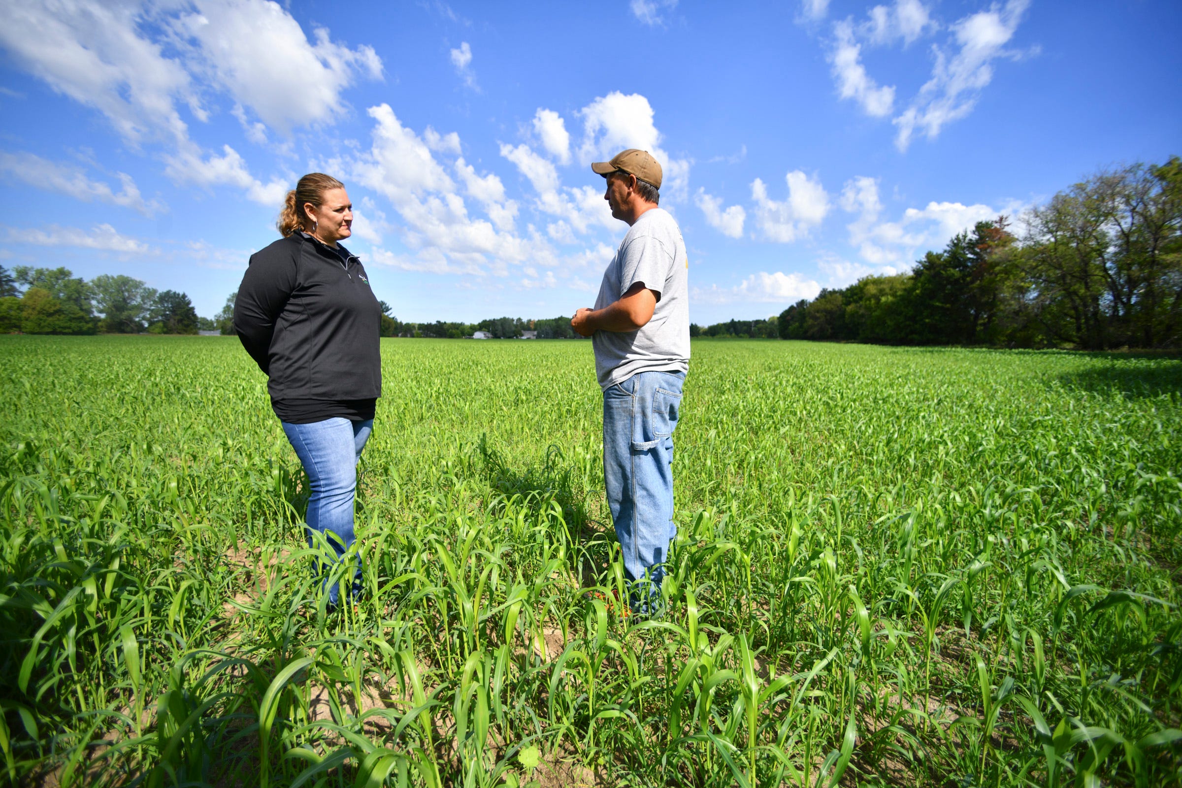 Farmer Jason Lorenz and Centra Sota Cooperative Lead Nutrient Management Specialist and Certified Crop Advisor Amy Robak talk about plans for a field currently planted with cover crops Tuesday, Aug. 31, 2021, near Little Falls.