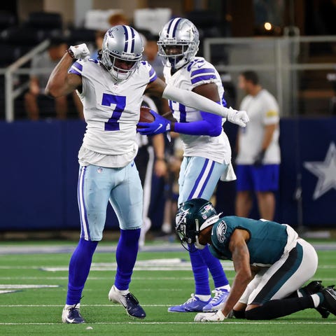 Dallas Cowboys cornerback Trevon Diggs (7) reacts 