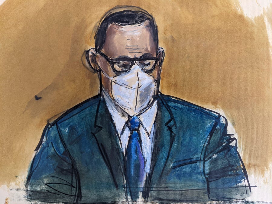 In a courtroom sketch, R. Kelly listens to the jury verdict at his sex-trafficking trial, Sept. 27, 2021, in federal court in New York.