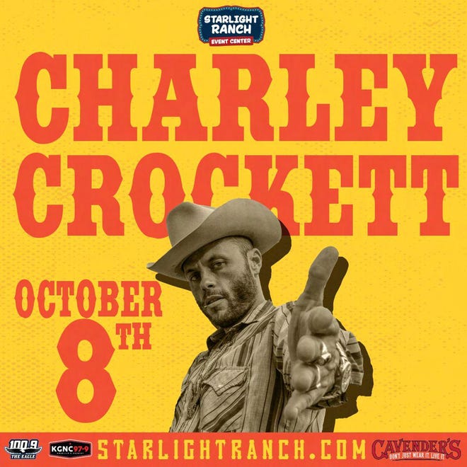 Charlie Crockett, 8 Ekim Cuma günü Starlight Ranch, 1415 Sunrise Drive'da Amarillo'ya dönüyor.