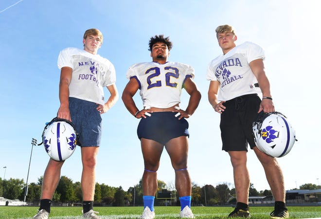 Defensive back Caleb Kooiker (left), defensive end Gavin Melohn (center) and linebacker Cael Franzen lead an elite defense that has helped the Nevada football team start off 5-0 and earn a No. 5 ranking in Class 3A heading into Friday's game at Ballard.