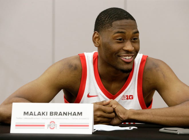 Malaki Branham (22) takes questions from reporters during media day for the Ohio State men's basketball team at Value City Arena in Columbus on Tuesday, September 28, 2021.