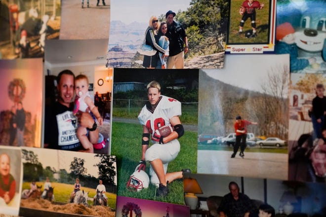 Photo collage with photos of Scanlan on display at his mother's house.