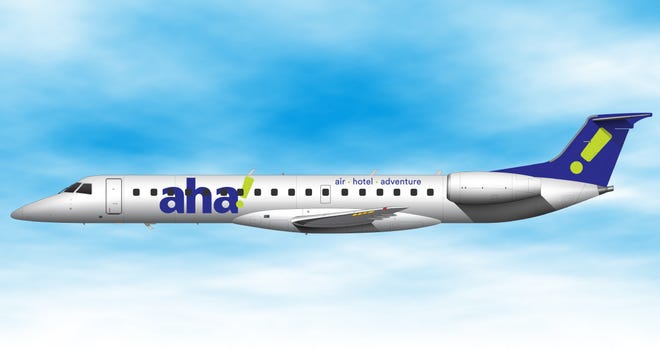 A rendering of a 50-seat Embraer ERJ145 from n Aha!, ExpressJet's leisure brand launched in 2021.