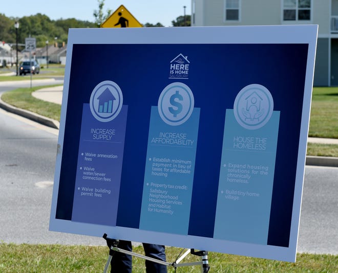 “Here is Home” housing initiative is unveiled Wednesday, Sept. 29, 2021, within the roundabout at Coventry Square Apartments in Salisbury, Maryland. The “Here is Home” housing initiative is aplan to address the scarcity of available housing in Salisbury.