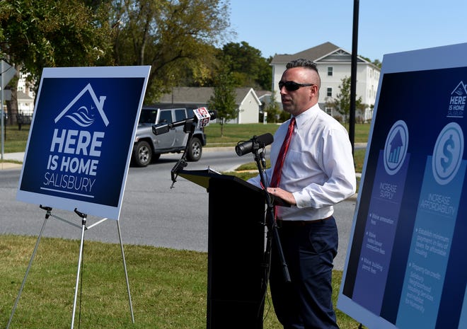 Salisbury Mayor Jake Day speaks at the unveiling of “Here is Home” housing initiative Wednesday, Sept. 29, 2021, within the roundabout at Coventry Square Apartments in Salisbury, Maryland. The “Here is Home” housing initiative is a
plan to address the scarcity of available housing in Salisbury.