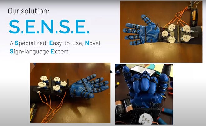 This screenshot from a YouTube video posted by Soham Joshi shows the components of an invention that teaches sign language. Joshi and Raaghav Malik, both Columbus Academy students, were honored in the first Invention Convention Globals for their invention called S.E.N.S.E. – A Multipurpose Robotic Glove Designed to Teach Sign Language Through Guided Manual Motions, which won Best in Show and first place in the 11th-12th-grade category.