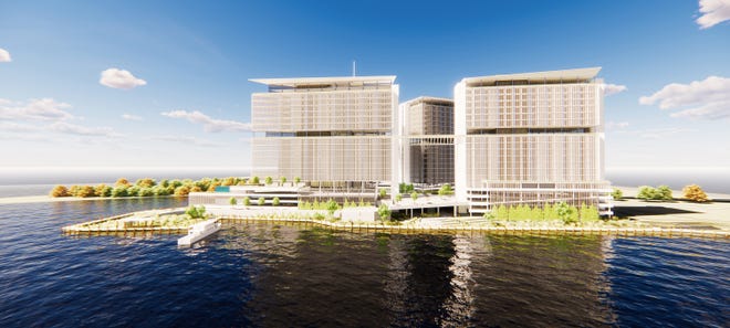 A rendering of Battleship Point, a proposed multi-use development on the western bank of the Cape Fear River.