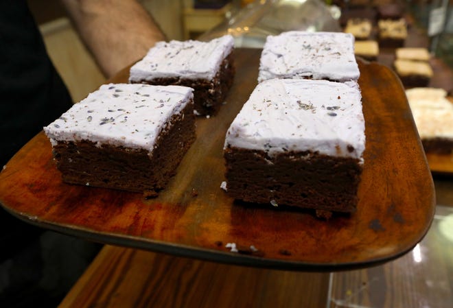 A plate of  the lavender brownies at Mosswood Farm Store and Bakehouse.
