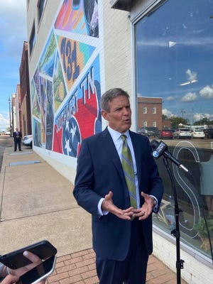 Tennessee Governor Bill Lee speaks with the media on Wednesday after addressing the Megasite Commission and about 100 other people at the Southwest Tennessee Developmental District on Wednesday, Sept. 29, 2021.