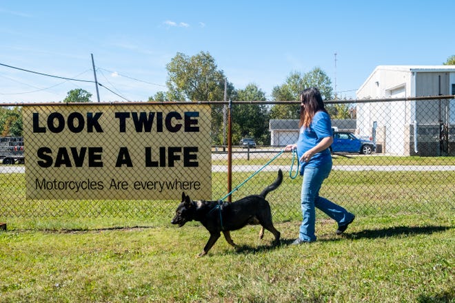 Lisa Rabine, a certified dog trainer, walks Zeke, a 3-year-old German Shepherd mix, Thursday, Sept. 30, 2021, at St. Clair County Animal Control.