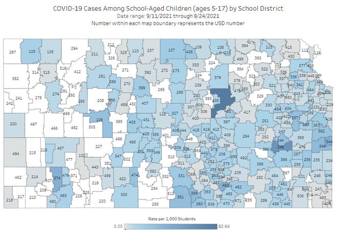 The Kansas Department of Health and Environment is mapping COVID-19 cases among children based on the public school district where they live. (Oct. 1, 2021)