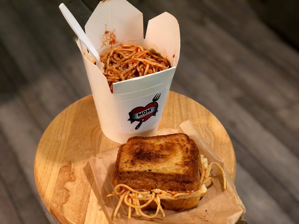 A huge portion of spaghetti and a s'ghetti sandwich from Eminem's restaurant Mom's Spaghetti, which opened Wednesday in downtown Detroit.