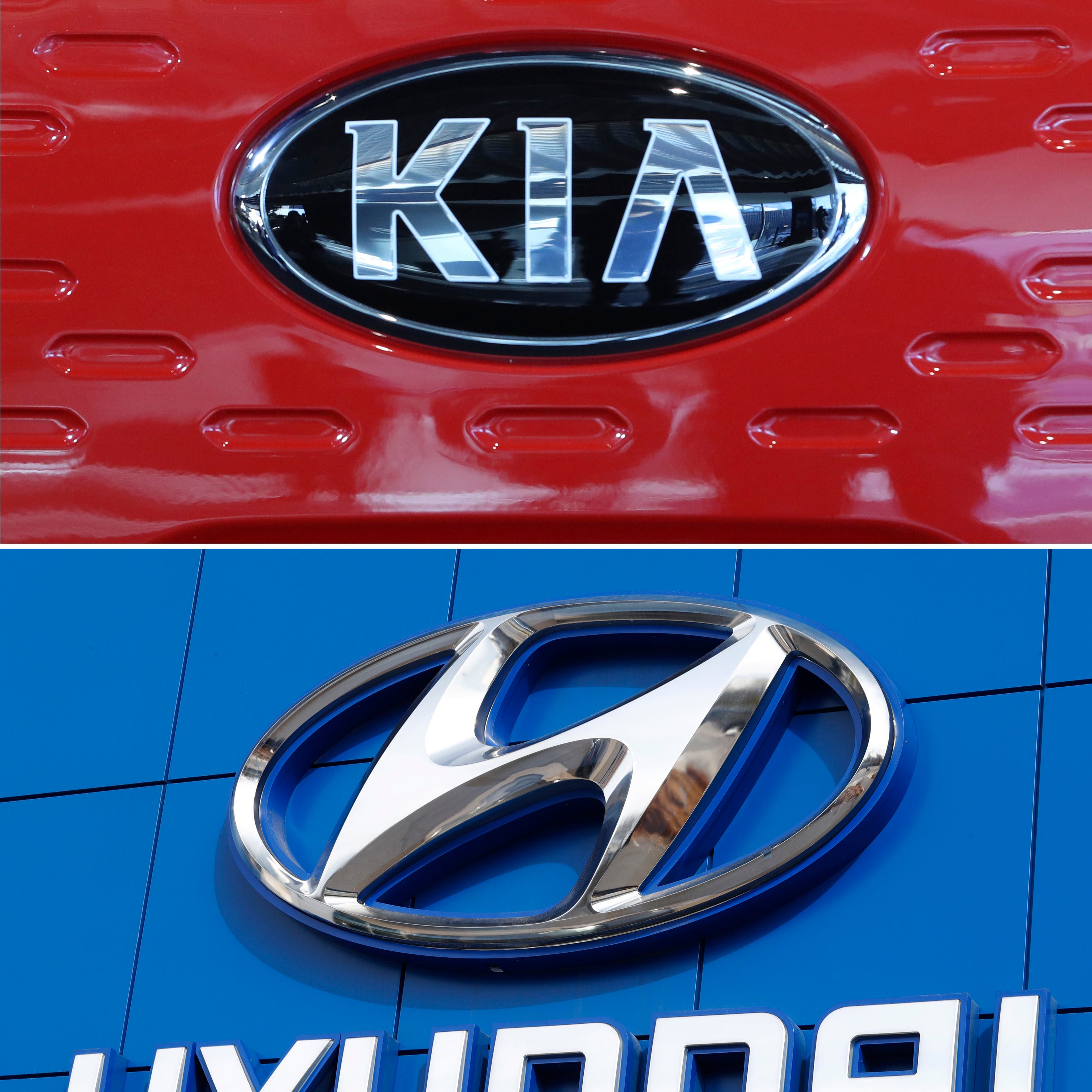 This combination of file photos shows the logo of Kia Motors, top and Hyundai logo, bottom.   Hyundai and Kia are recalling more than 550,000 cars and minivans in the U.S., Thursday, Sept. 30, 2021,  because the turn signals can flash in the opposite direction of what the driver intended. The recall covers Hyundai's Sonata midsize car from the 2015 through 2015 model years, and Sonata gas-electric hybrids from 2016 and 2017. Kia's Sedona minivan from 2015 through 2017 also is affected.