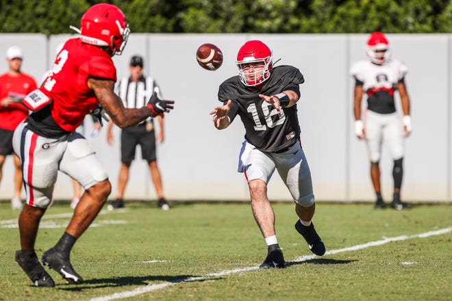 Georgia quarterback JT Daniels (18) during the Bulldogs’ practice session in Athens on Tuesday, Sept. 28, 2021. (Photo by Mackenzie Miles)