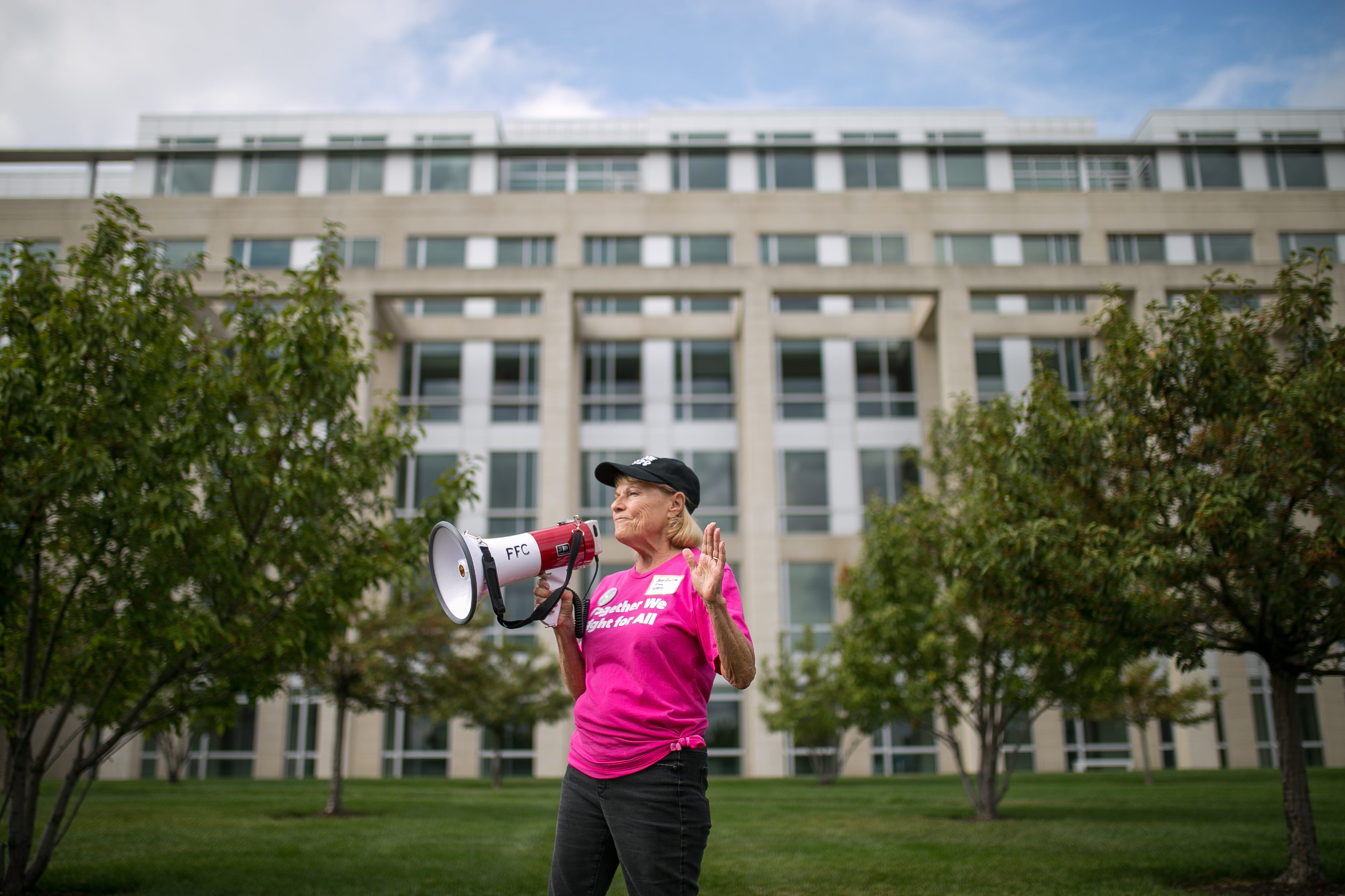 Barb Giolitto, president of the Winnebago County Citizens for Choice, addresses the crowd outside the Stanley J. Roszkowski U.S. Courthouse during the WCCC and Women's March Rockford rally for reproductive rights on Saturday, Oct. 2, 2021, at Davis Park in Rockford. The Rockford rally was part of nationwide protests against a recent Texas abortion ban and held ahead of the U.S. Supreme Court reconvening on October 4.