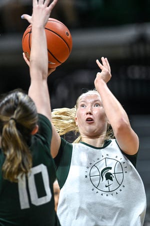 Michigan State's Matilda Ekh shoots as Lauren Walker defends during open practice on Saturday, Oct. 2, 2021, at the Breslin Center in East Lansing.