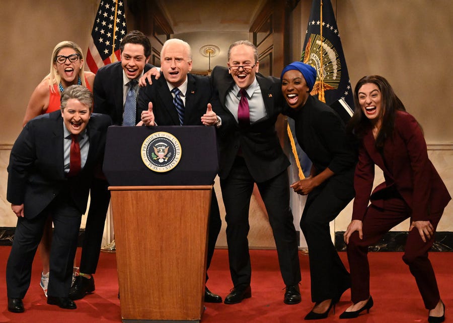 SATURDAY NIGHT LIVE -- "Owen Wilson" Episode 1806 -- Pictured: (l-r) Aidy Bryant as Sen. Joe Manchin, Cecily Strong as Sen Krysten Sinema, Pete Davidson as Andrew Cuomo, James Austin Johnson as President Joe Biden, Alex Moffat as Sen. Chuck Schumer, Ego Nwodim as Rep. Ilhan Omar, and Melissa Villaseñor as Rep Alexandria Ocasio-Cortez during the "Biden Unites Democrats" Cold Open on Saturday, October 2, 2021 -- (Photo by: Will Heath/NBC)