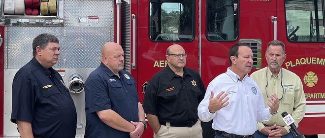 Louisiana Attorney General Jeff Landry speaks during an unrelated press conference at the Plaquemine Fire Department earlier this month. Also shown are Plaquemine Fire Chief Darren Ramirez, Plaquemine Chief of Police Kenny Payne, Iberville Parish Sheriff Brett Stassi, and Plaquemine Mayor Edwin M. “Ed” Reeves Jr.