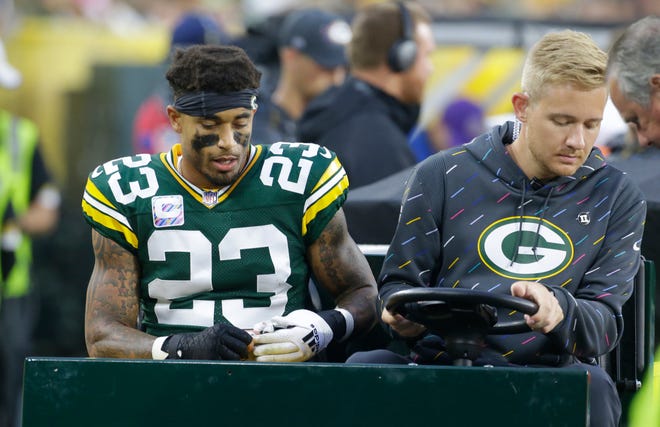 Green Bay Packers cornerback Jaire Alexander (23) is carted off the field after being injured during the third quarter of their game Sunday, October 3, 2021 at Lambeau Field in Green Bay, Wis. Green Bay Packers beat the Pittsburgh Steelers 27-17.