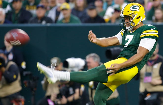 Green Bay Packers punter Corey Bojorquez gets off a kick during the fourth quarter of their game on Oct. 3 at Lambeau Field. Bojorquez was acquired by the Packers in a trade with the Los Angeles Rams before the start of the season.