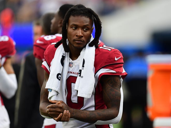 Oct 3, 2021; Inglewood, California, USA; Arizona Cardinals wide receiver DeAndre Hopkins (10) reacts during the 37-20 victory against the Los Angeles Rams at SoFi Stadium.