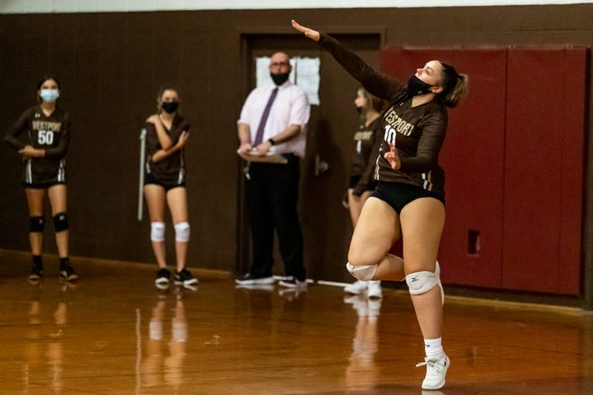 Westport's Abby Gaudreau serves the ball against Atlantis Charter, Oct. 4. Gaudreu is one of The Herald News' Players of the Year for volleyball.